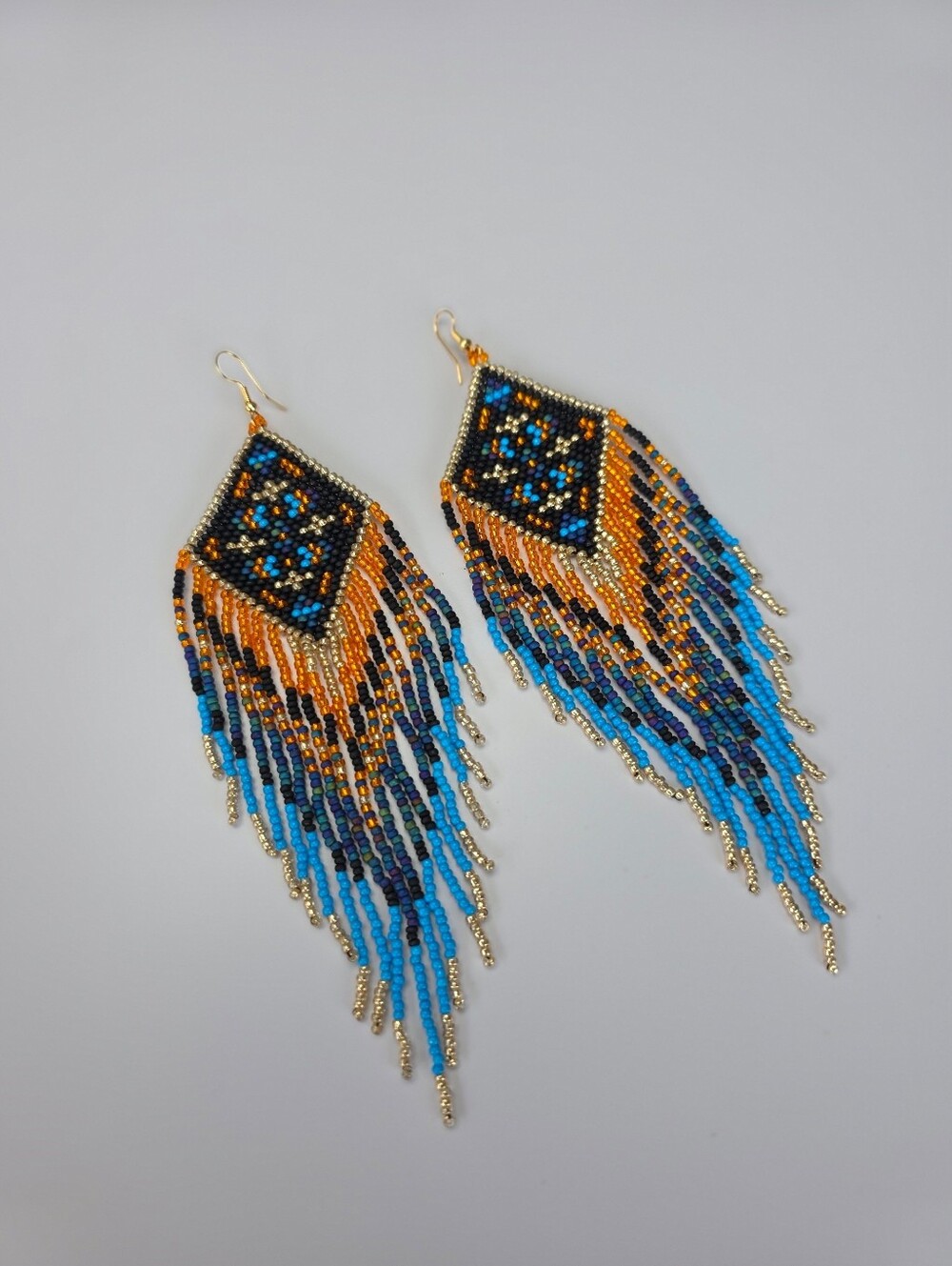 Dia Southwestern Fringe Beaded Earrings Handmade Boho Jewelry Blue Orange - Picture 3 of 3